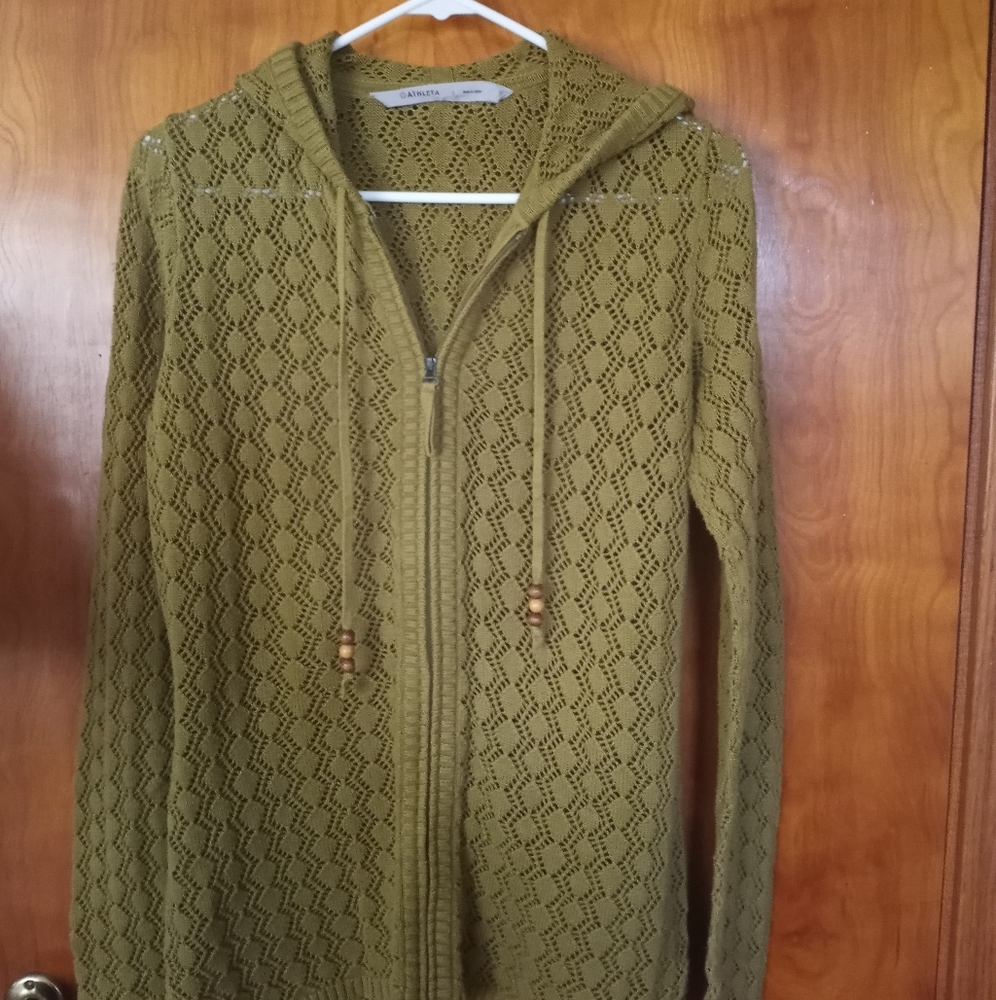 Athleta Olive Hooded Crochet Zip Cardigan